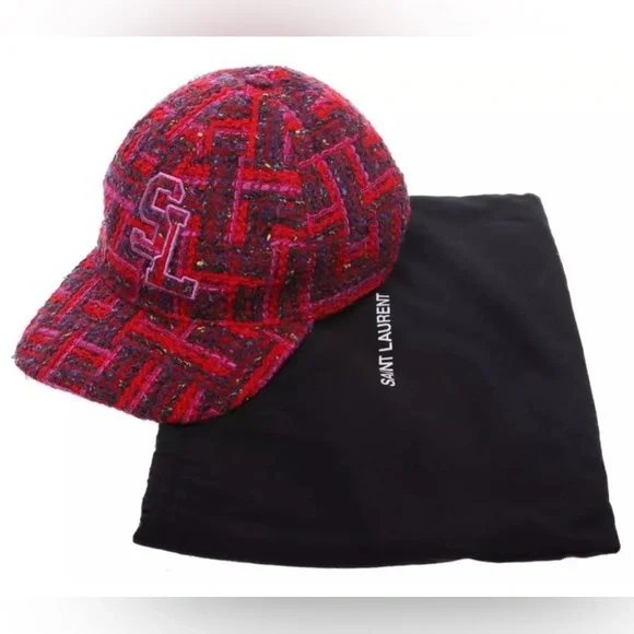 YSL SAINT LAURENT TWEED WOOL BLEND LOGO BASEBALL CAP HAT 56 